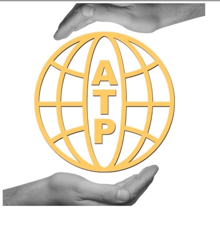 Two hands cradle an orange globe with the letters ATP, symbolizing global protection or support.