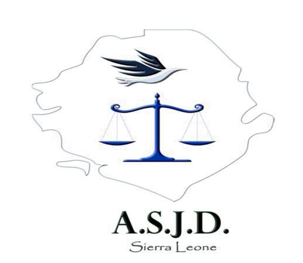 Outline of Sierra Leone with a blue scales of justice and a white dove above, and the text 'A.S.J.D. Sierra Leone' below