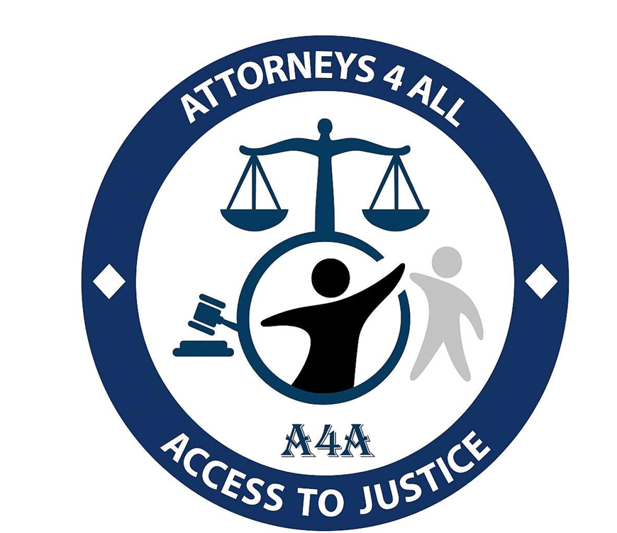 Logo for Attorneys 4 All: circular badge with scales of justice, a gavel, and stylized figures, surrounded by 'ATTORNEYS 4 ALL' and 'ACCESS TO JUSTICE' text.