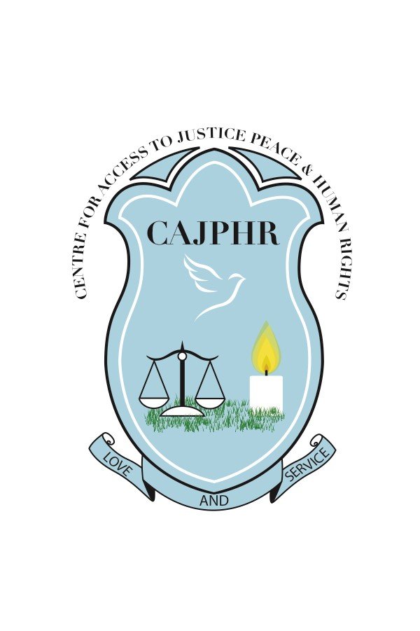Blue shield emblem for CAJPHR featuring a dove, scales of justice, grass, and a lit candle; circular motto reads 'Centre for Access to Justice Peace & Human Rights'; ribbon says 'Love and Service'.