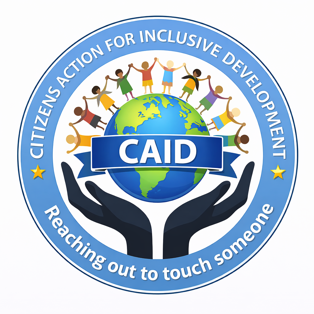 Circular CAID logo: globe held by two black hands, surrounded by diverse children holding hands, with the slogan 'Reaching out to touch someone' around the edge and 'Citizens Action for Inclusive Development' on the outer ring.