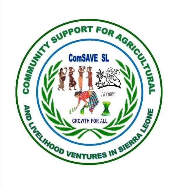 Logo for ComSAVE SL: circular seal with farmers, crop illustrations, and laurel leaves, surrounded by green text about community support for agricultural and livelihood ventures in Sierra Leone, plus the slogan 'Growth for All'.