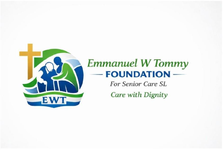 Logo for Emmanuel W Tommy Foundation for Senior Care SL, showing a yellow cross and circular blue-green emblem of a caregiver with an elderly person, plus 'EWT' initials.