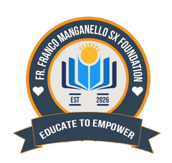Foundation logo: circular emblem with orange border and dark ring reading 'Fr. Franco Manganello SX Foundation' around a central image of a sun above an open book, 'EST 2026' in the middle, and a dark ribbon bar at the bottom saying 'Educate to Empower'