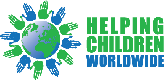 Logo: globe encircled by blue and green hand silhouettes, with 'HELPING CHILDREN WORLDWIDE' in bold green and blue.