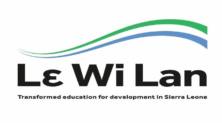 Le Wi Lan logo with green and blue swooping lines above the name, and the tagline 'Transformed education for development in Sierra Leone'.