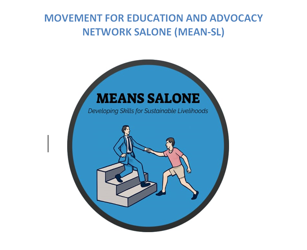 Logo for Movement for Education and Advocacy Network Salone (MEAN-SL): a blue circular emblem with two men shaking hands atop a set of stairs and the caption 'MEANS SALONE Developing Skills for Sustainable Livelihoods'.