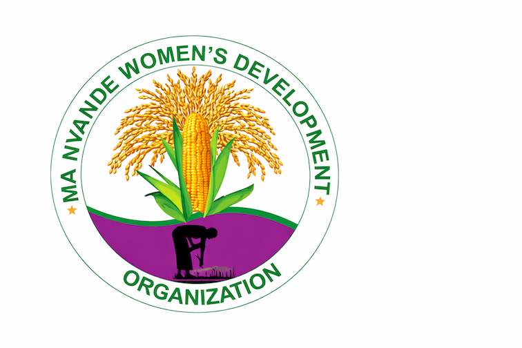 Circular logo for Ma NwanDe Women's Development Organization, featuring a tall corn stalk rising from a purple field with an elephant silhouette.