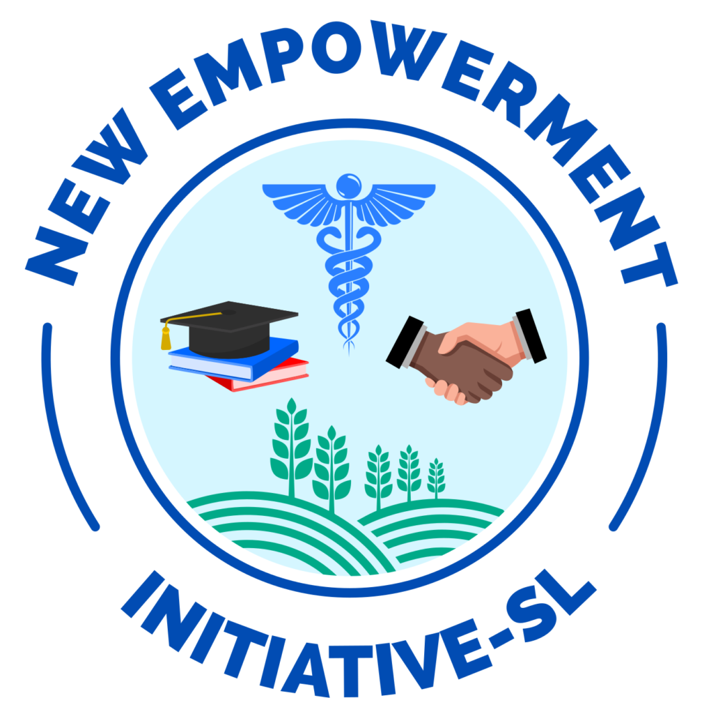 Circular logo for a health education empowerment initiative: includes a caduceus, stack of books with a graduation cap, handshake, and green plants over waves, symbolizing health, learning, collaboration, and sustainability.
