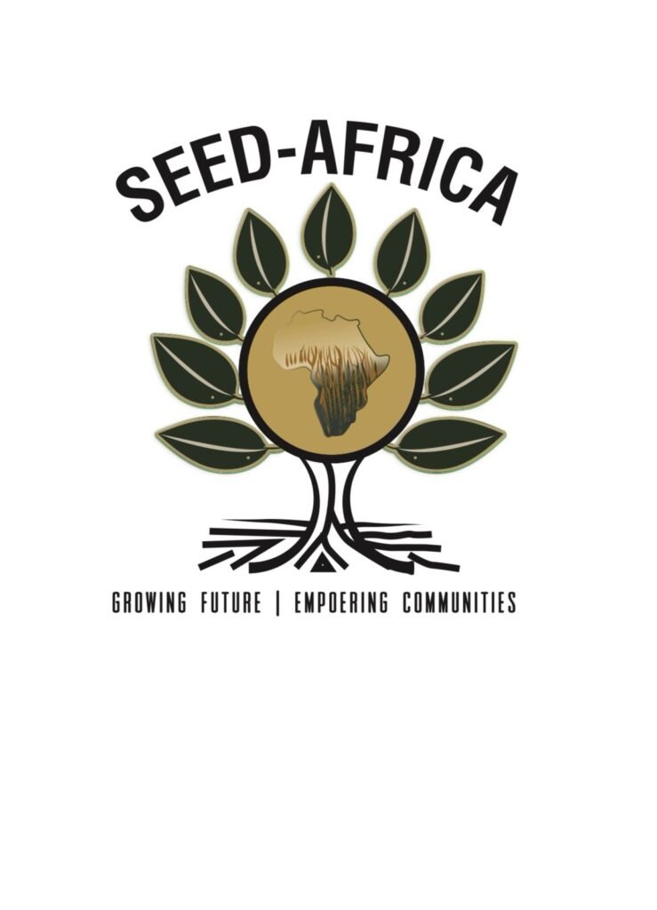 Seed-Africa logo featuring a stylized tree with a gold circular center showing Africa, dark green leaves, and an exposed root system; slogan reads 'Growing Future | Empowering Communities' underneath.
