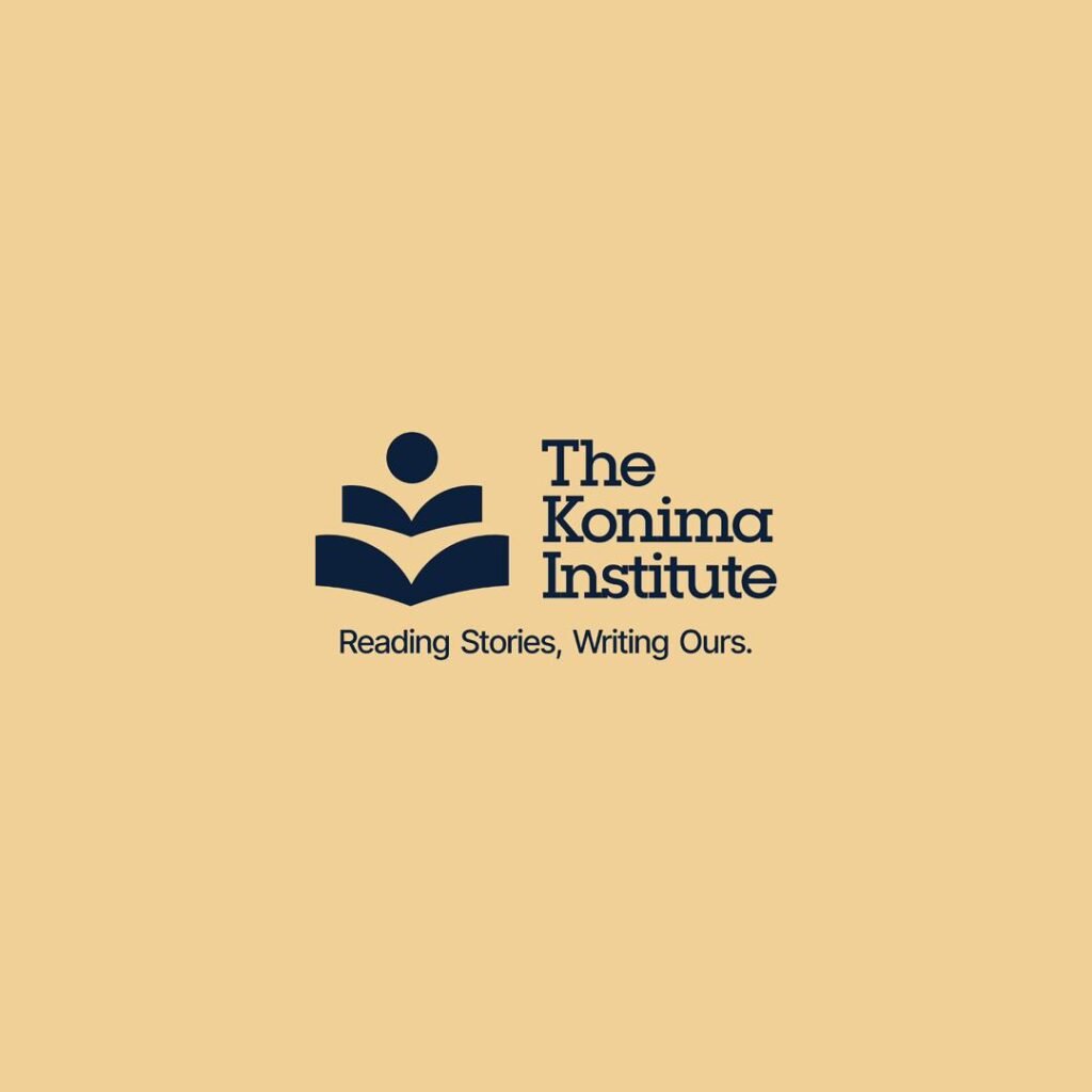 The Konima Institute logo with a stylized open book and a dot figure, plus the text 'The Konima Institute' and the tagline 'Reading Stories, Writing Ours.' on a tan background.