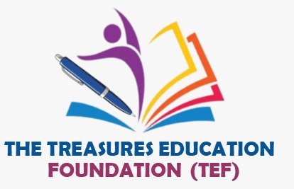 Logo for The Treasures Education Foundation (TEF): purple abstract figure with a pen over a multicolored open book; TEF name beneath.