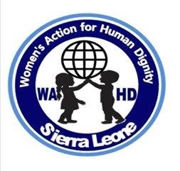 Logo for Women's Action for Human Dignity (WAHD) Sierra Leone featuring two children carrying a globe inside a blue circular emblem with Sierra Leone text around the edge.