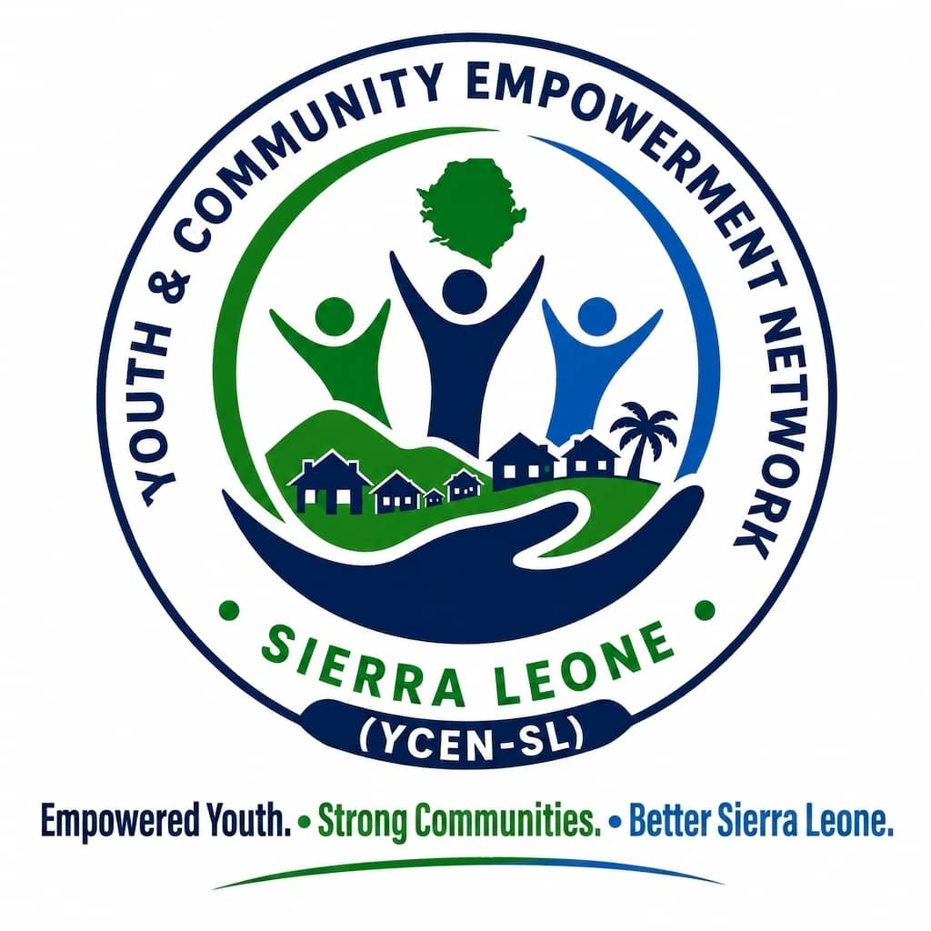 Logo for Youth & Community Empowerment Network Sierra Leone (YCEN-SL) featuring three raised figures, houses, and a palm tree within a circular seal.
