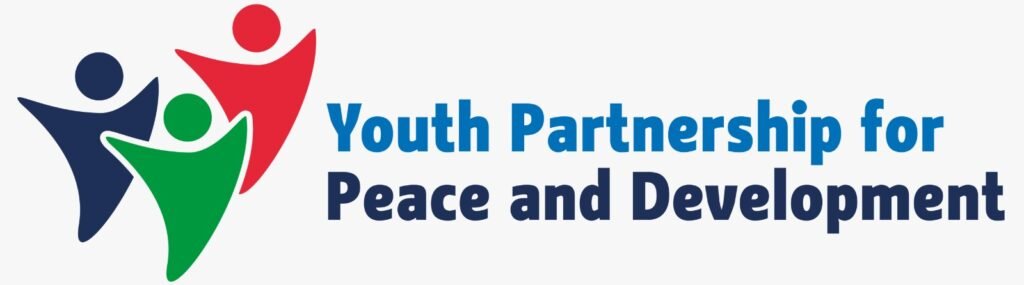 Logo for Youth Partnership for Peace and Development featuring three stylized figures in blue, green, and red with the organization name on a light background.